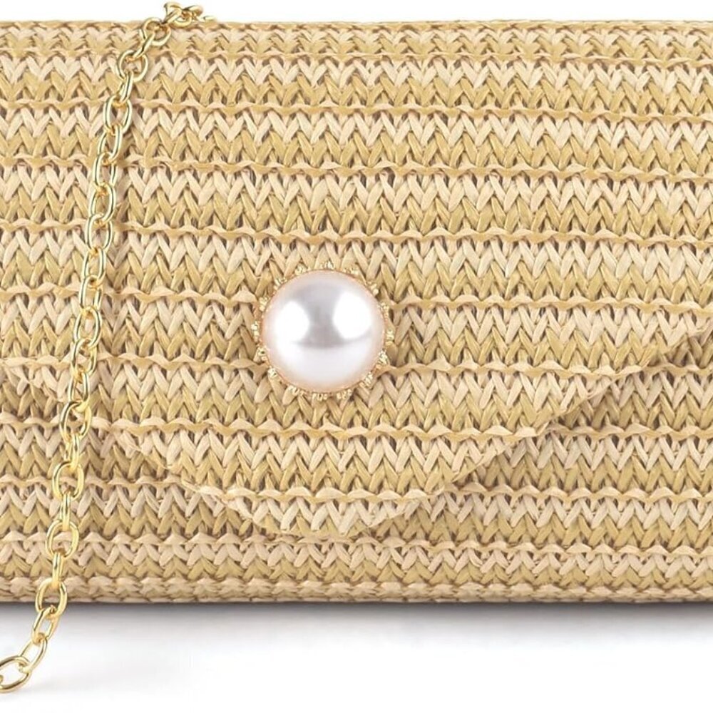 Straw Clutch Purse Women Pearl Decor Crossbody Bag for Beach Travel Party